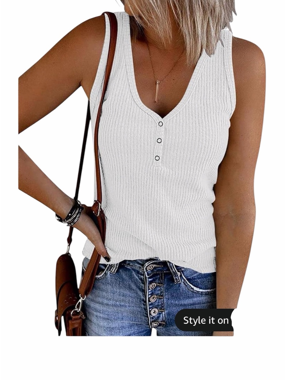 Merokeety White Ribbed Button V-Neck Tank Top New